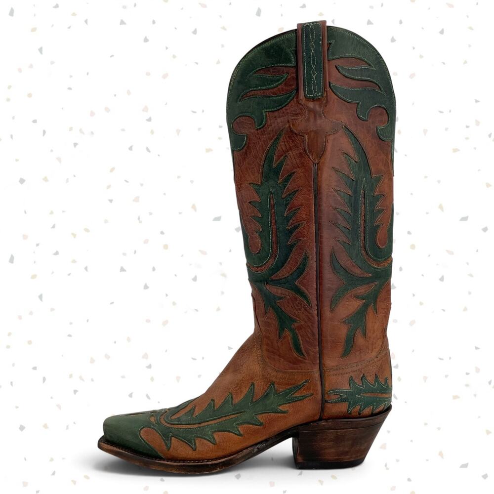 Vintage Lucchese Classics Western Boot Cowboy Green Overlay Brown Leather Size 6 - Picture 4 of 15